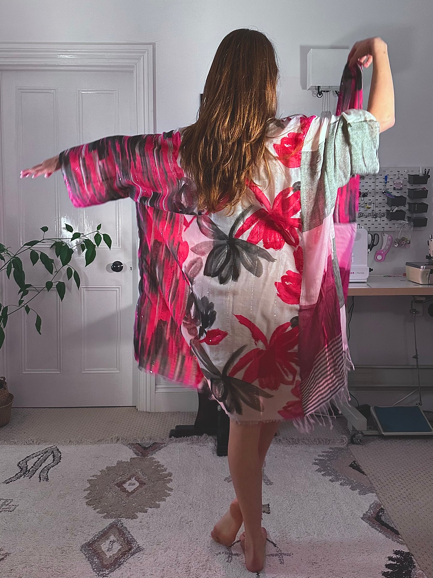 Fuchsia & Charcoal Floral Robe | Recycled/Upcycled | ILH Handcrafted